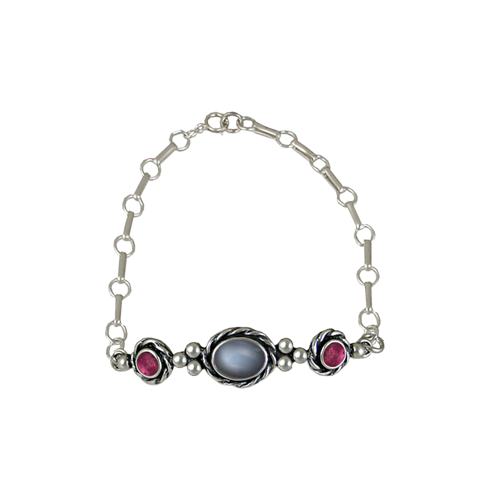Sterling Silver Bracelet With Adjustable Chain Grey Moonstone And Pink Tourmaline